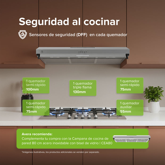 Parrilla de gas 5 quemadores 76 cm en acero inoxidable y quemador central