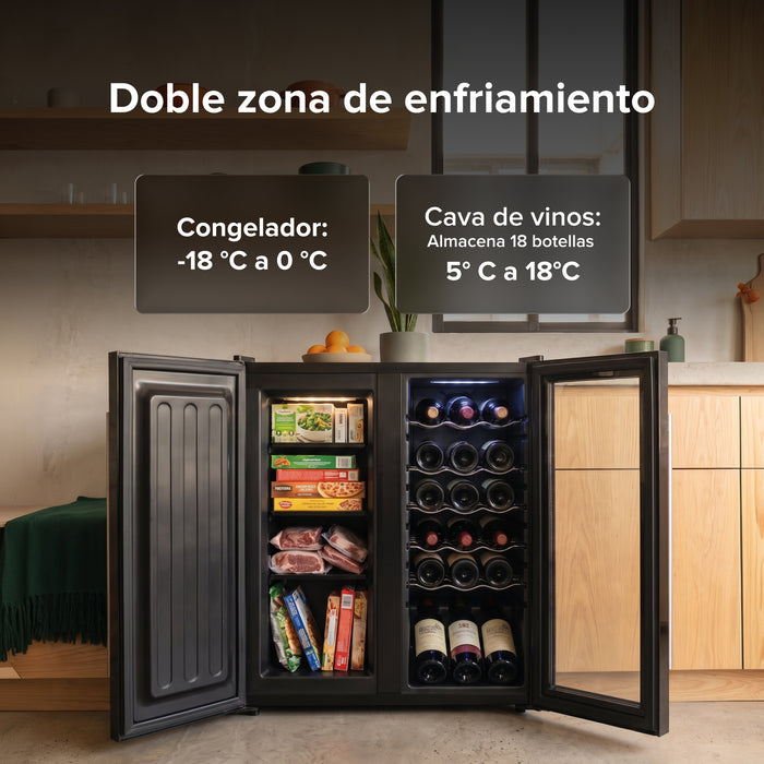 Cava de vinos 18 botellas con congelador de 36 L, 3 en 1 con doble zona de temperatura 92 L 3.24 pies cúbicos