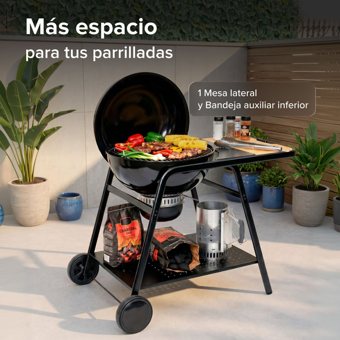 Asador de carbón de 22" 58 cm con termómetro, bandeja de cenizas y mesa lateral