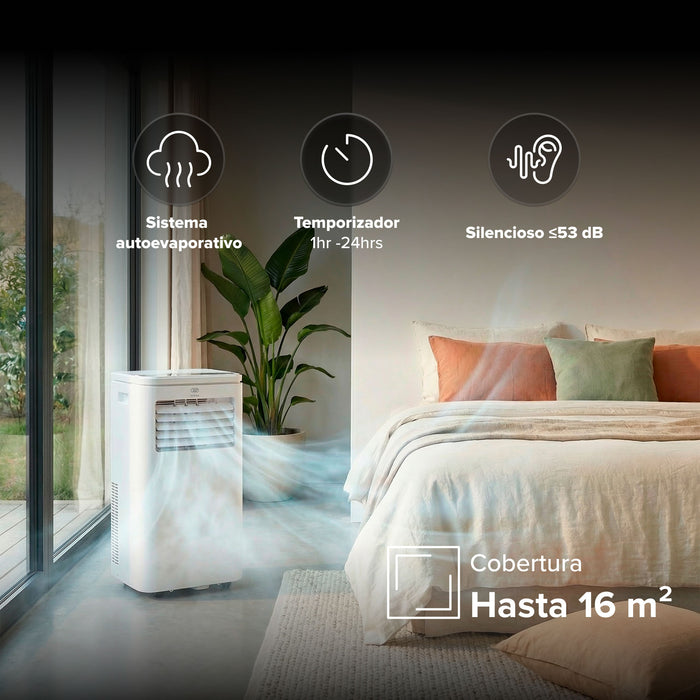 Aire acondicionado portátil 3 en 1 silencioso en recámara, cobertura 16m2, con temporizador y sistema autoevaporativo.