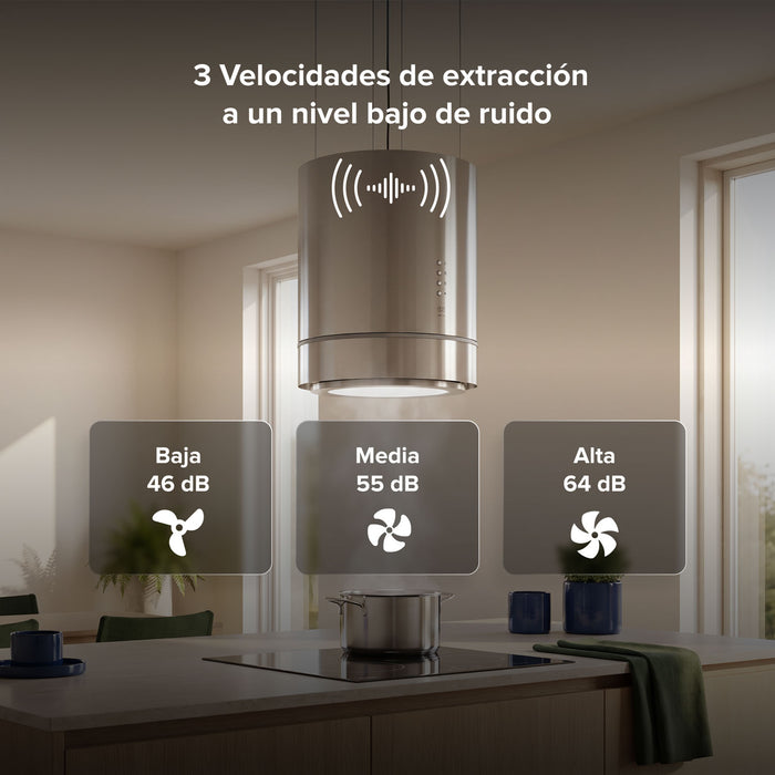 Campana de cocina para isla colgante cilíndrica 38 cm con lámpara decorativa, 850 m3/h de extracción acero inoxidable