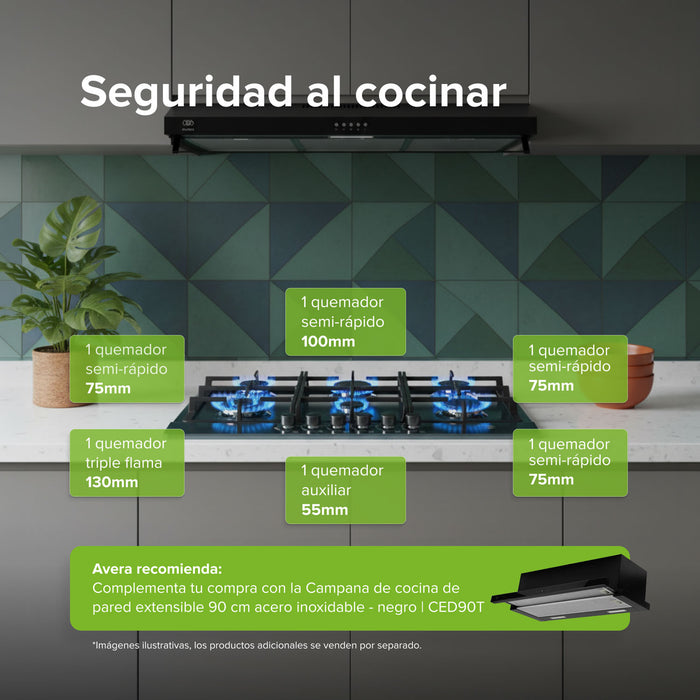 Parrilla de gas 6 quemadores 86 cm en acero inoxidable - negro