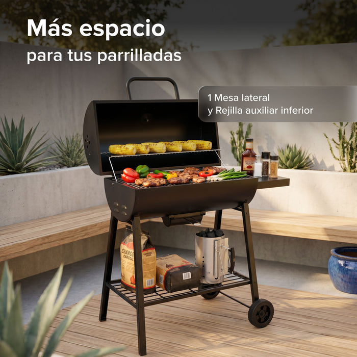 Asador de carbón tipo tambor 101 cm con termómetro, bandeja de cenizas y mesa lateral