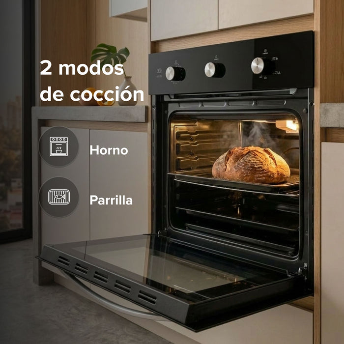 Horno empotrable a gas LP de 58L mostrando pan horneándose. Incluye iconos de Horno y Parrilla.