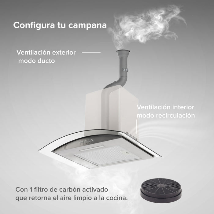 Campana de cocina de pared 60 cm en acero inoxidable y vidrio templado