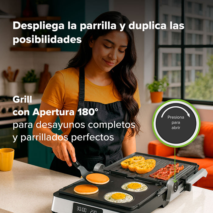 Parrilla grill 3 en 1 XL apertura 180° con placas intercambiables