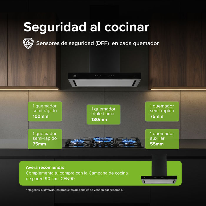 Parrilla de gas 5 quemadores 88 cm en vidrio templado premium - negro
