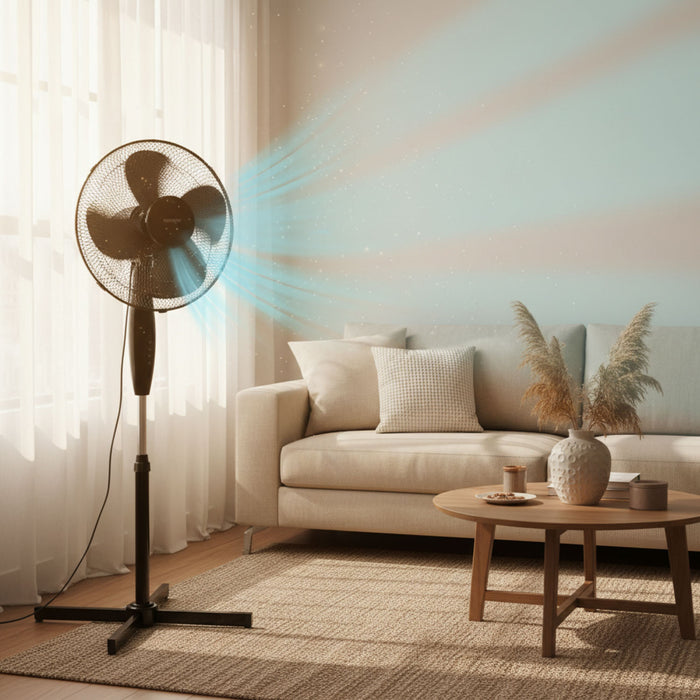Ventilador de pedestal 16 pulgadas, 3 velocidades, oscilación 90° y altura ajustable