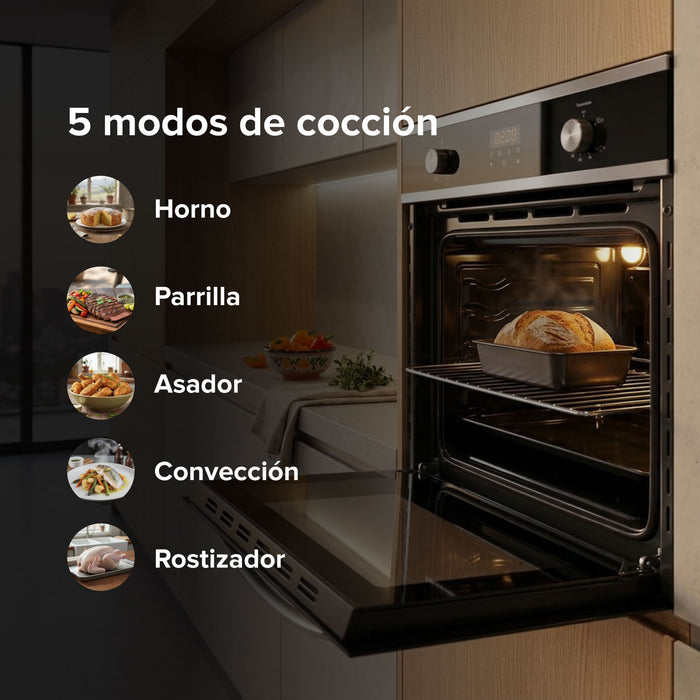 Horno a gas natural empotrable de 58L con 5 modos de cocción, convección, rostizador y temporizador digital.