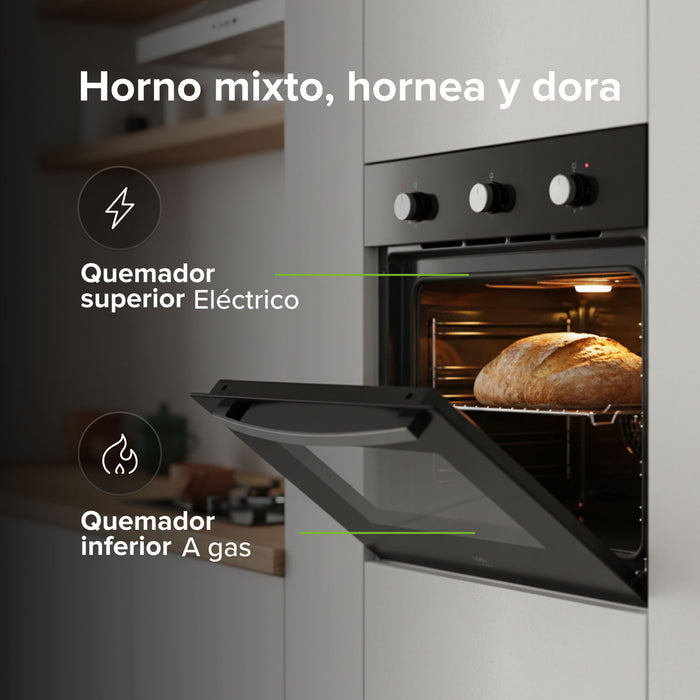 Horno empotrable mixto gas LP y eléctrico 127 V 60 cm con 3 perillas 58 L