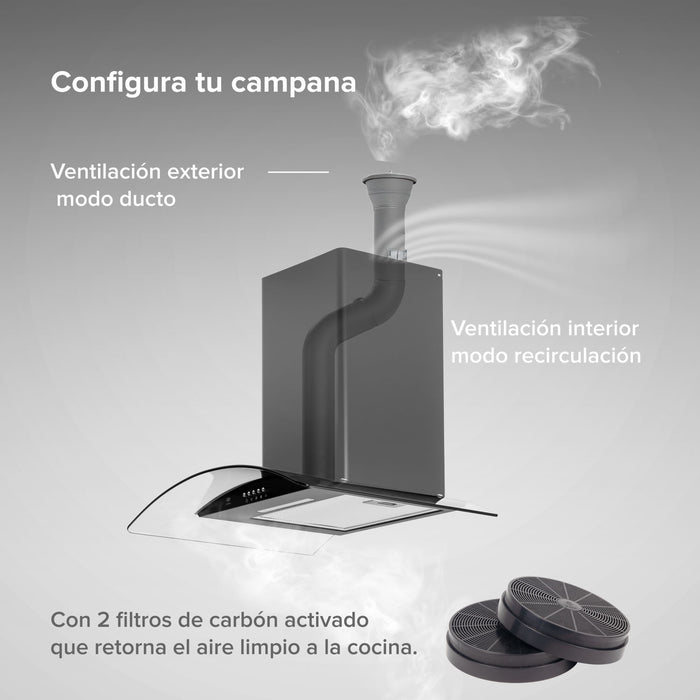 Campana de cocina de pared 60 cm en acero inoxidable y vidrio templado - negro
