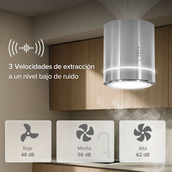 Campana de cocina para isla colgante cilíndrica 38 cm con lámpara decorativa, potencia motor 300 W acero inoxidable