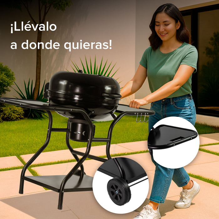 Asador de carbón de 22" con termómetro, bandeja de cenizas y mesas laterales de acero inoxidable