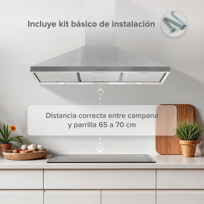 Campana de cocina de pared piramidal 90 cm en acero inoxidable