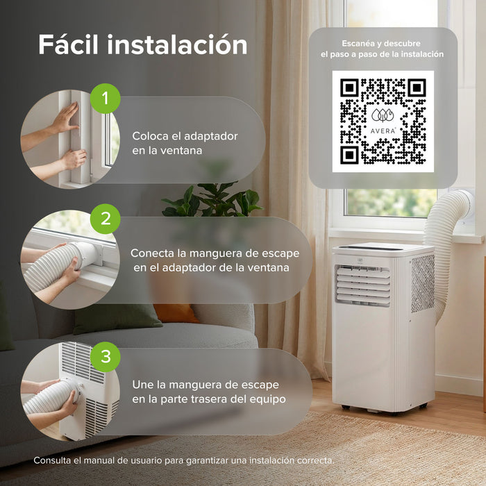 Infografía de instalación en 3 pasos del aire acondicionado portátil Avera con manguera de escape y adaptador de ventana.