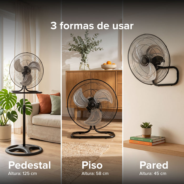 Ventilador 3 en 1 en configuraciones de pedestal, piso y pared para el hogar, con 3 velocidades y altura ajustable.