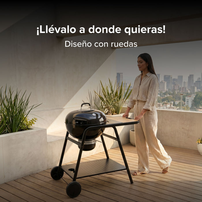 Asador de carbón de 22" 58 cm con termómetro, bandeja de cenizas y mesa lateral
