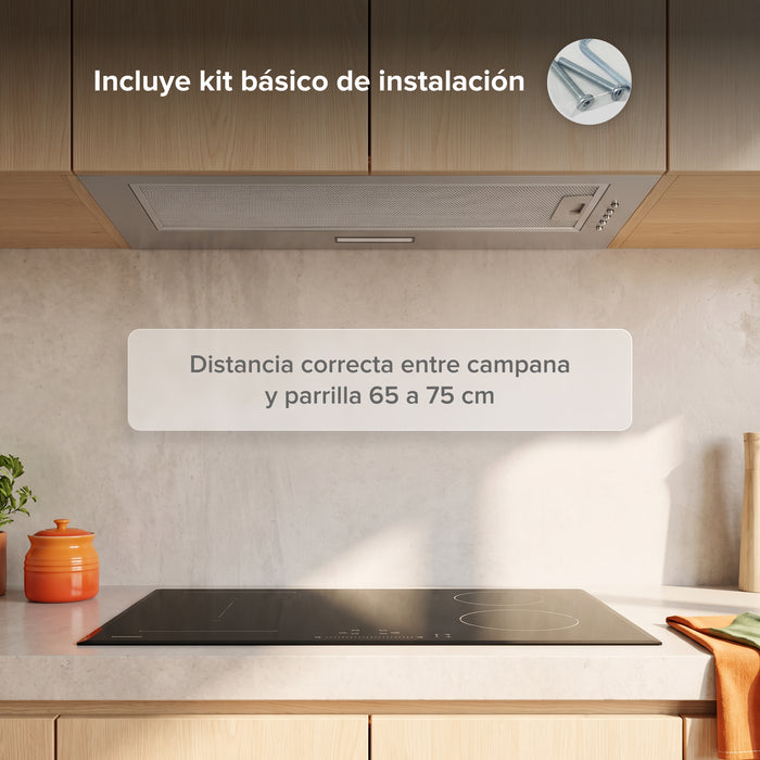 Campana de cocina empotrable oculta 80 cm, 270 m³/h de extracción, acero inoxidable