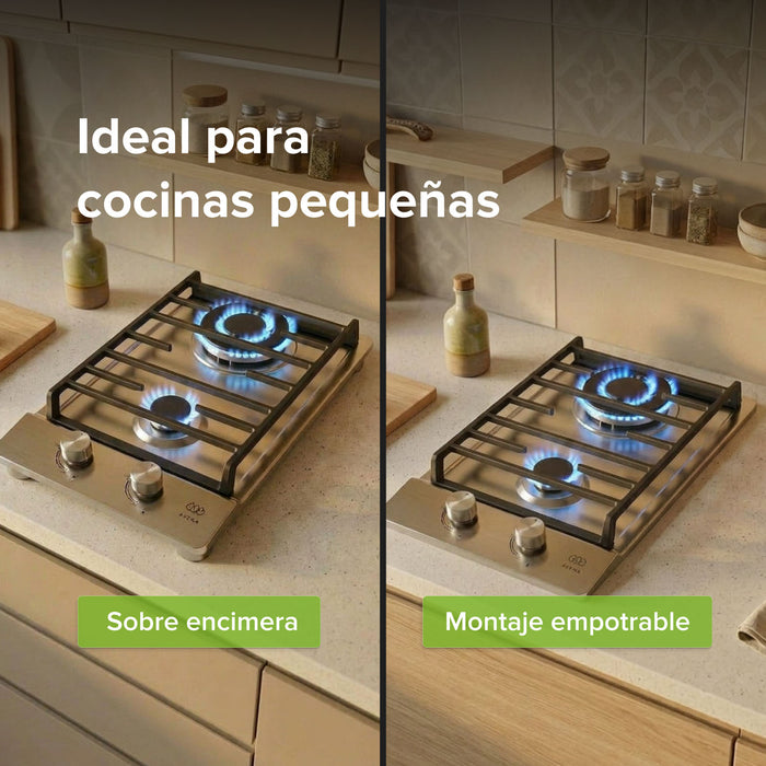 Parrilla de gas de acero inoxidable con 2 quemadores encendidos, versátil para montaje sobre encimera o empotrable.
