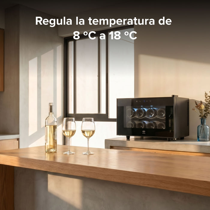 Cava de vinos horizontal para 8 botellas sobre barra de cocina con copas, enfriamiento de 8 a 18 grados.