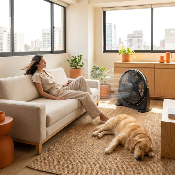 Mujer y perro descansando en sala con ventilador de piso de 23 pulgadas y 5 aspas refrescando el ambiente.