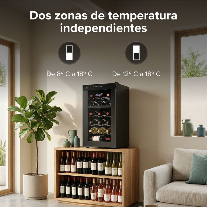 Cava de vinos Avera de 18 botellas con doble zona de temperatura independiente en sala moderna.