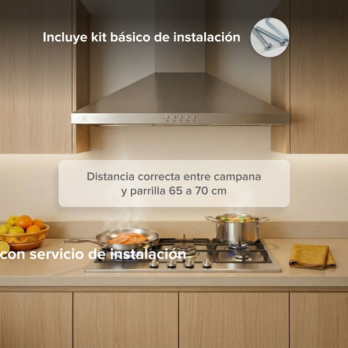 Campana de cocina de pared piramidal 76 cm en acero inoxidable, potencia motor 140 W