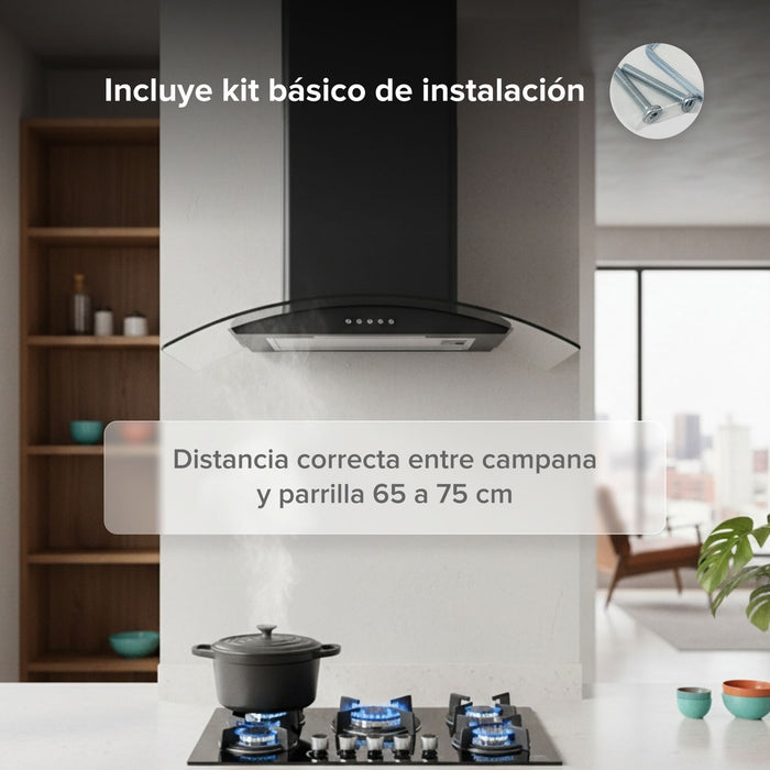 Campana de cocina de pared 60 cm en acero inoxidable y vidrio templado - negro