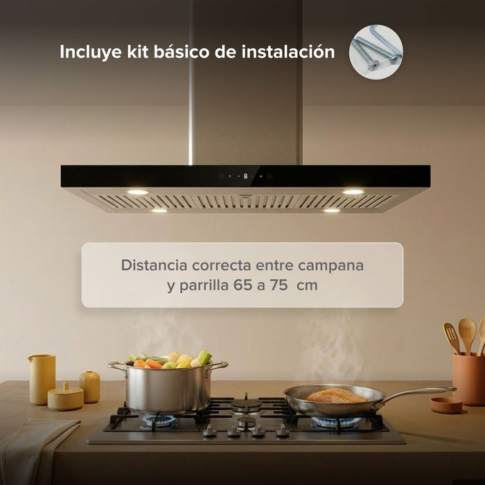 Campana de cocina para isla tipo T 76 cm control táctil y de gestos, potencia motor 230 W acero inoxidable