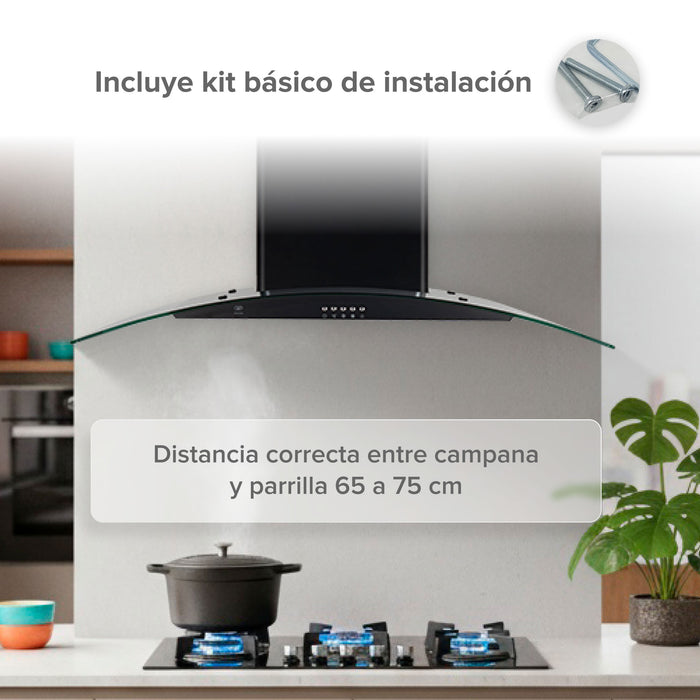Campana de cocina de pared 90 cm en acero inoxidable y vidrio templado - negro