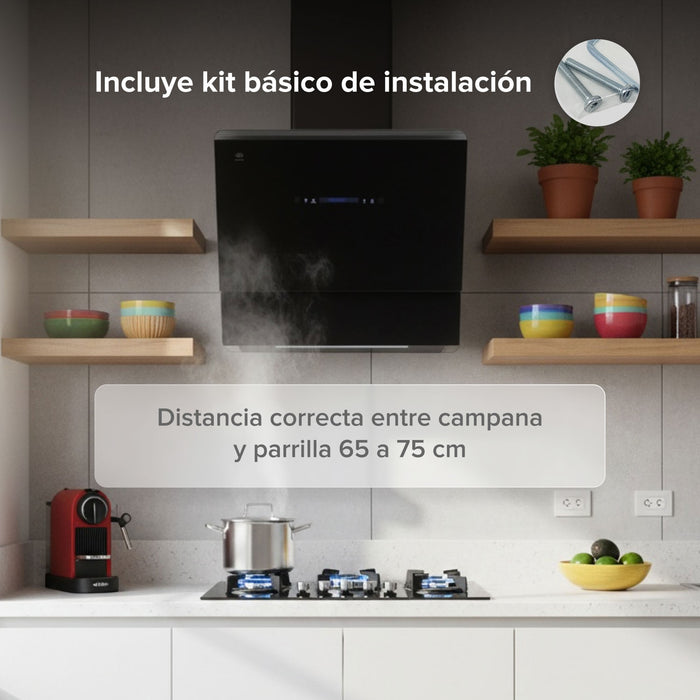 Campana de cocina de pared 80 cm de vidrio templado con tecnología sin contacto - negro