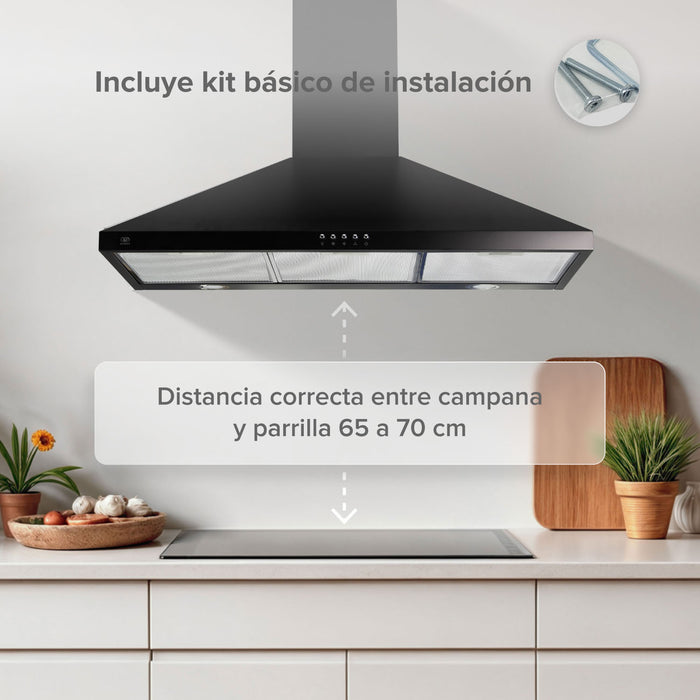 Campana de cocina de pared piramidal 90 cm en acero inoxidable - negro