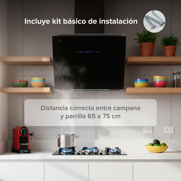 Campana de cocina de pared 90 cm de vidrio templado con tecnología sin contacto - negro