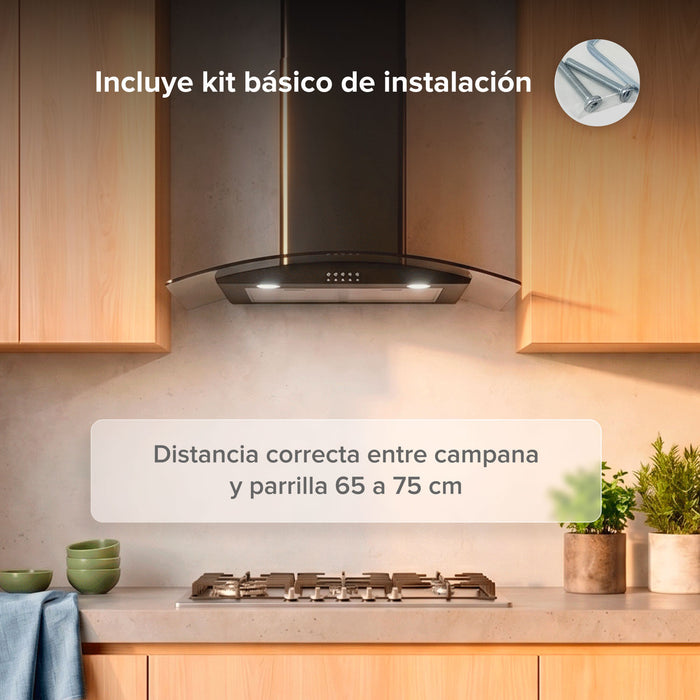 Campana de cocina de pared curva 80 cm en acero inoxidable y vidrio templado - negro