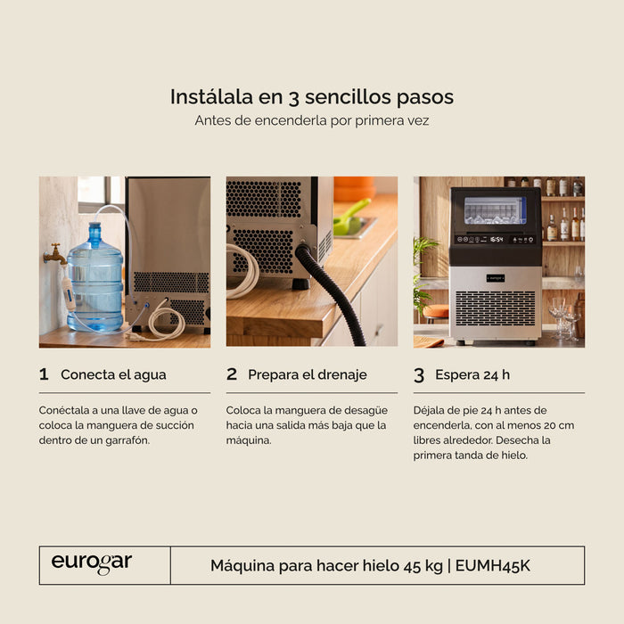 Máquina de hielo comercial con 2 tipos de llenado - hasta 45 kg al día y 8.6 kg de depósito - eurogar