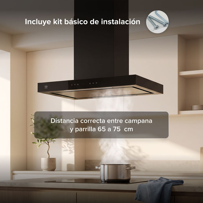 Campana de cocina para isla tipo T 76 cm, 780 m3/h de extracción control táctil y WiFi con temporizador, acero inoxidable - negro