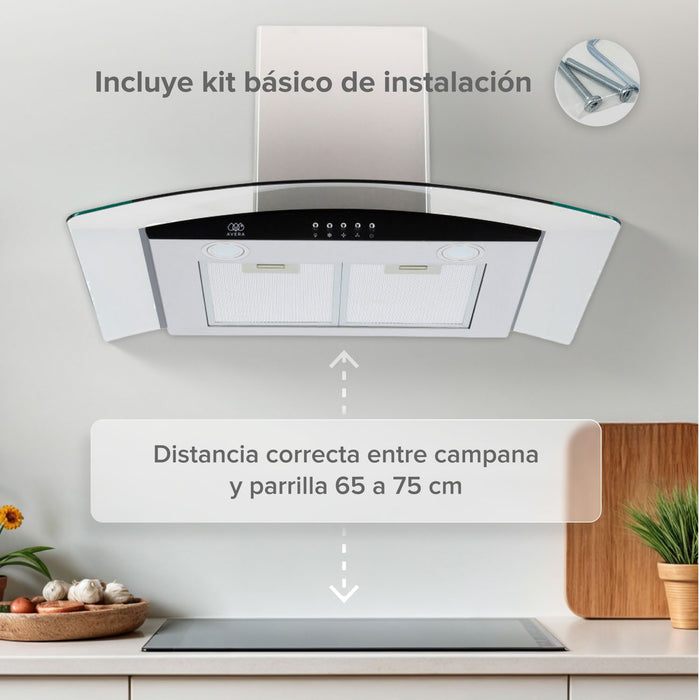 Campana de cocina de pared 76 cm en acero inoxidable y vidrio templado