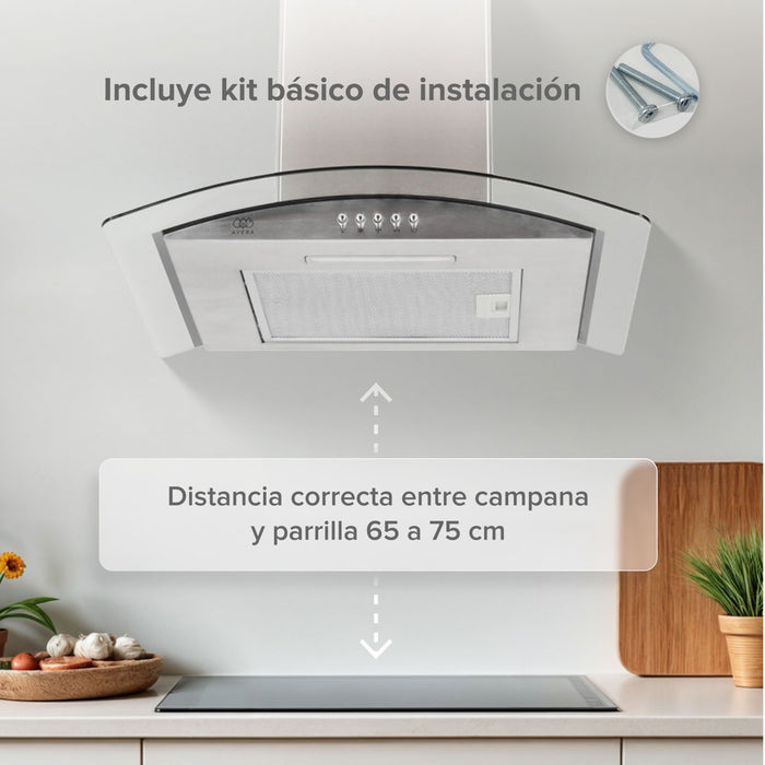 Campana de cocina de pared 60 cm en acero inoxidable y vidrio templado