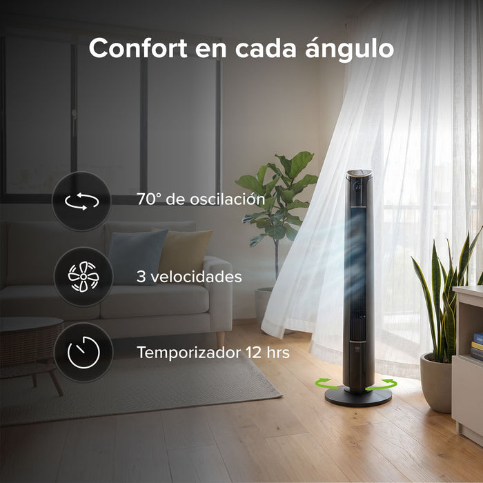 Ventilador de torre inteligente de 108 cm en sala con oscilación 70°, 3 velocidades y temporizador de 12 horas.
