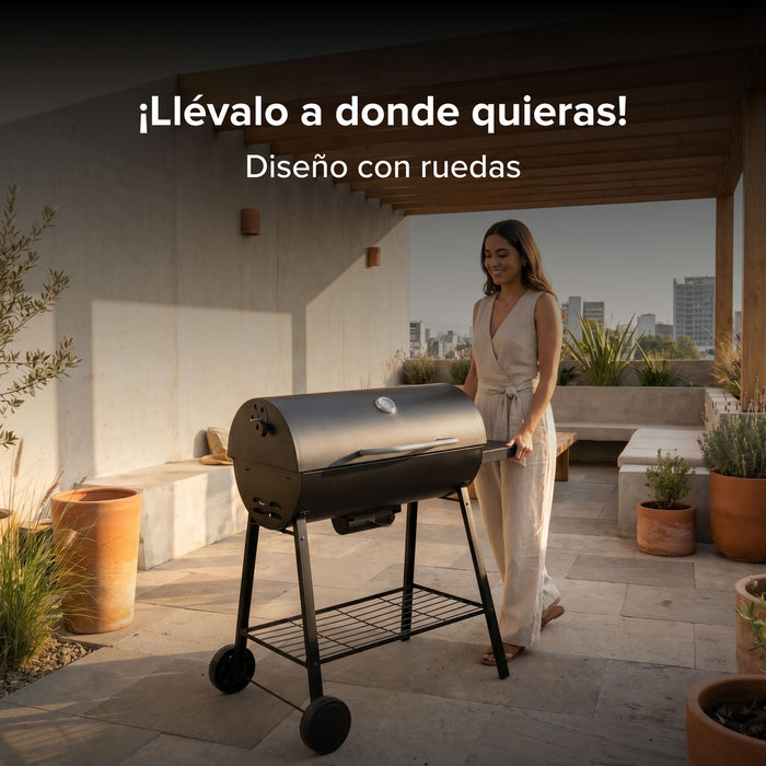 Asador de carbón tipo tambor 101 cm con termómetro, bandeja de cenizas y mesa lateral
