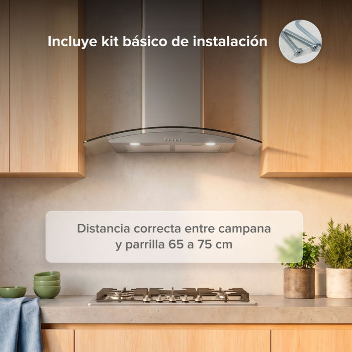 Campana de cocina de pared curva 80 cm en acero inoxidable y vidrio templado
