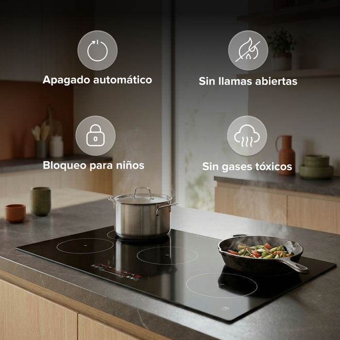 Parrilla de inducción de 5 quemadores empotrada con funciones de seguridad: apagado automático y bloqueo para niños.