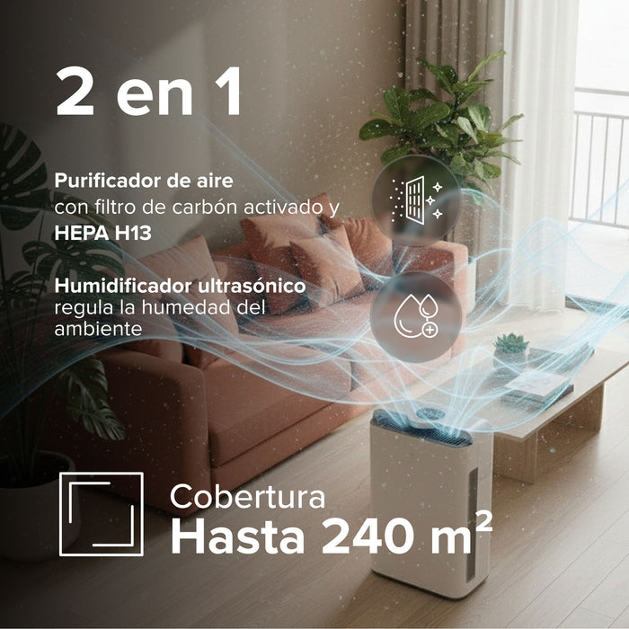 Purificador de aire y humidificador 2 en 1 con filtro HEPA H13 en sala moderna, cobertura de hasta 240m².