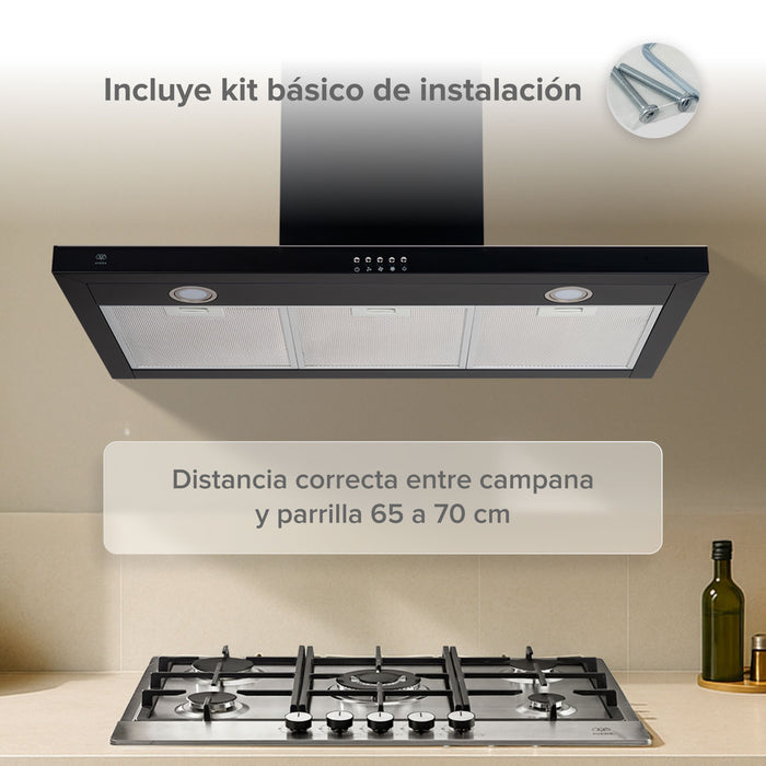 Campana de cocina de pared 90 cm en acero inoxidable con iluminación de 2 focos LED - negro