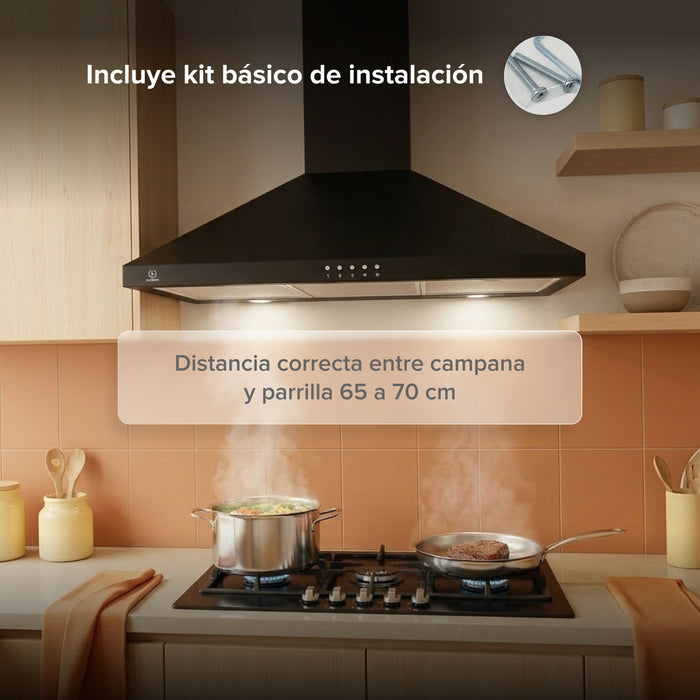Campana de cocina de pared piramidal 76 cm en acero inoxidable, potencia motor 140 W - negro