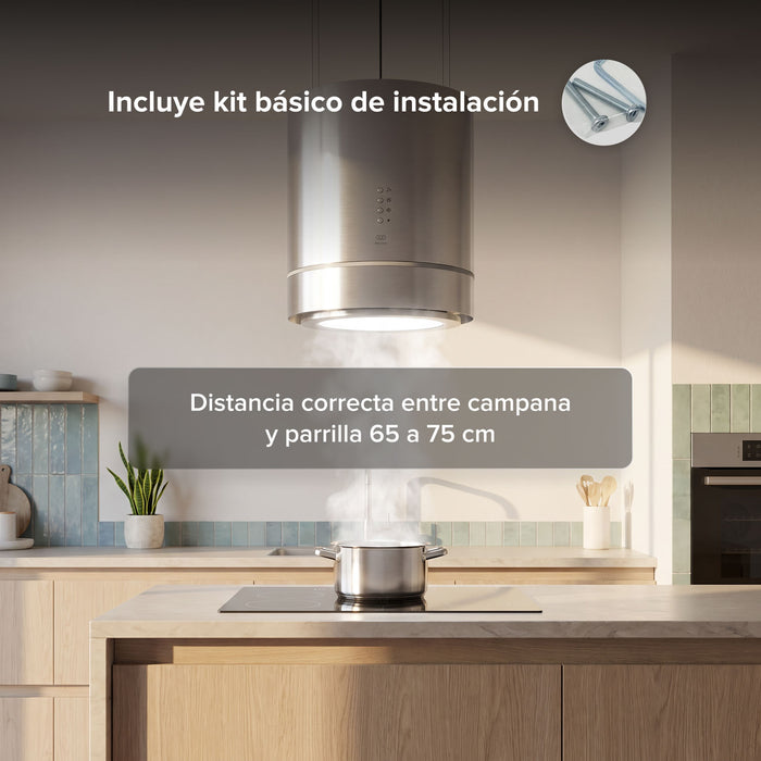 Campana de cocina para isla colgante cilíndrica 38 cm con lámpara decorativa, 850 m3/h de extracción acero inoxidable