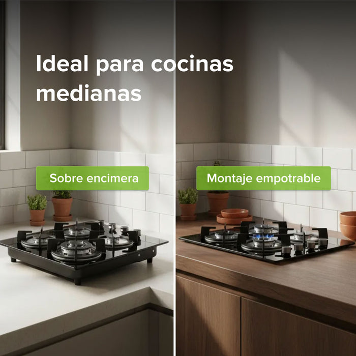 Parrilla de gas 4 quemadores 60 cm en vidrio templado con soporte circular - negro