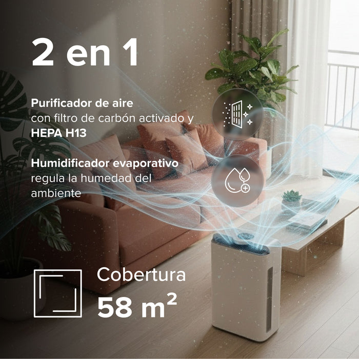 Purificador de aire con humidificador evaporativo inteligente WiFi - cubre hasta 58m2