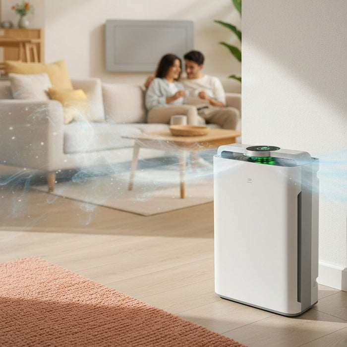 Purificador de aire PHEPA02 blanco en una sala, eliminando polvo para un ambiente saludable en el hogar.