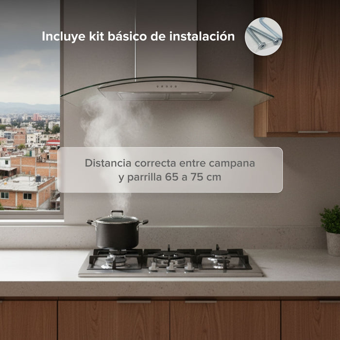 Campana de cocina curva Avera de 90cm instalada sobre parrilla, con kit de instalación y guía de distancia de 65-75 cm.